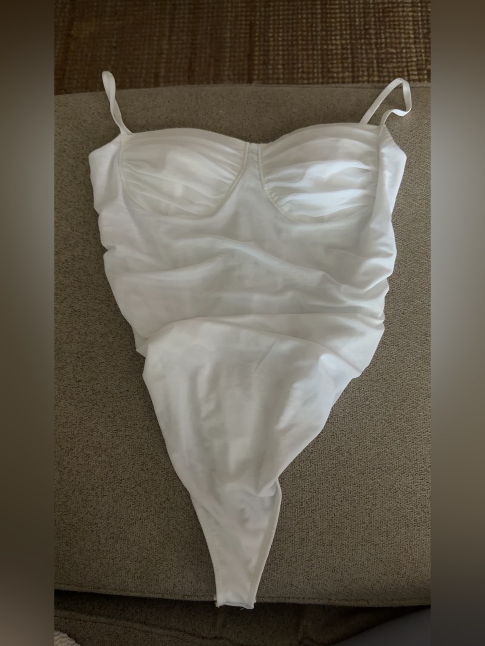 Abercrombie & Fitch White Ruched Bandeau Bodysuit with Spaghetti Straps